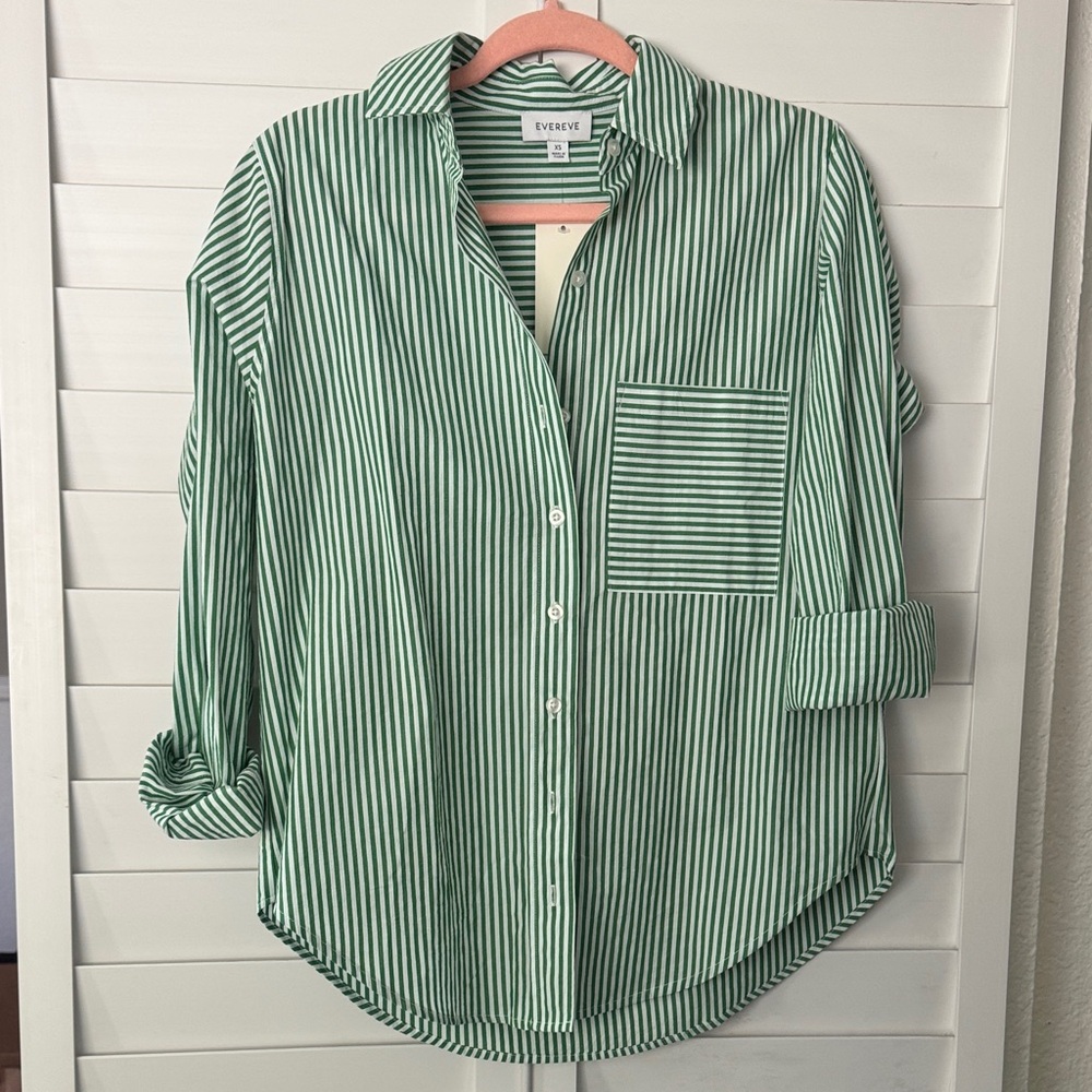 NWT Evereve Women’s Green and White Striped Button Down Shirt XS